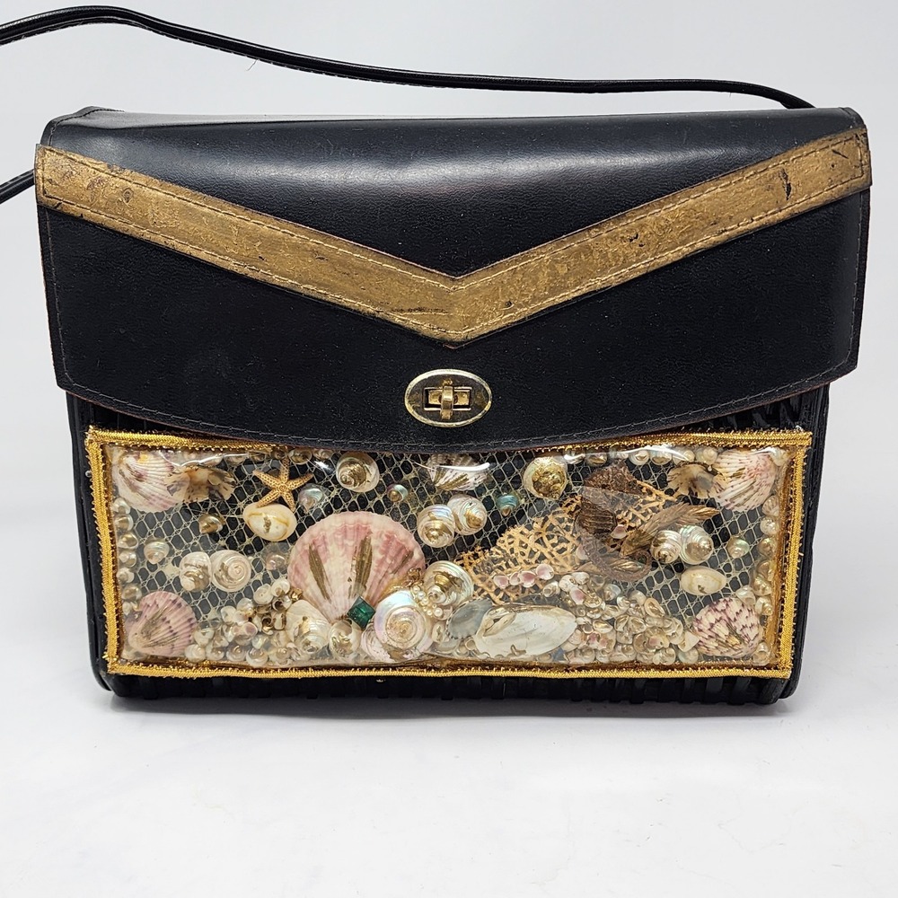 VTG‎ Black Wood Wicker Under the Sea Fish Scene Windowpane Purse Novelty Handbag - Picture 2 of 16